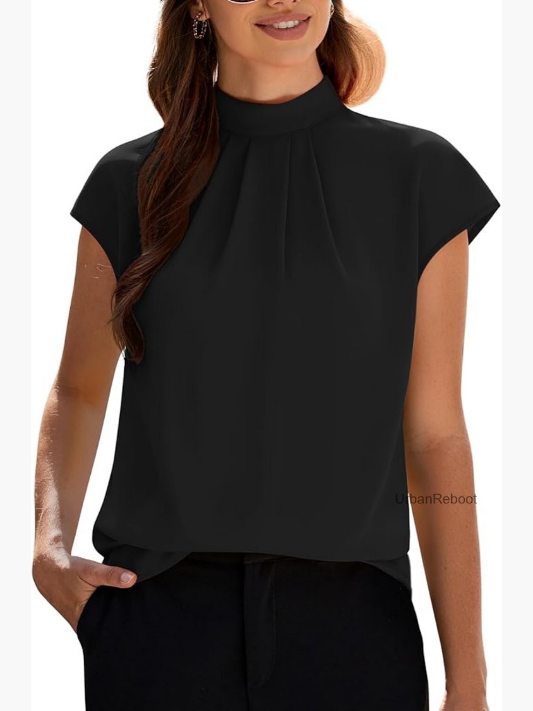 Mock Neck Short Cap Sleeve Blouse Business Casual Work Chiffon Tunic Top